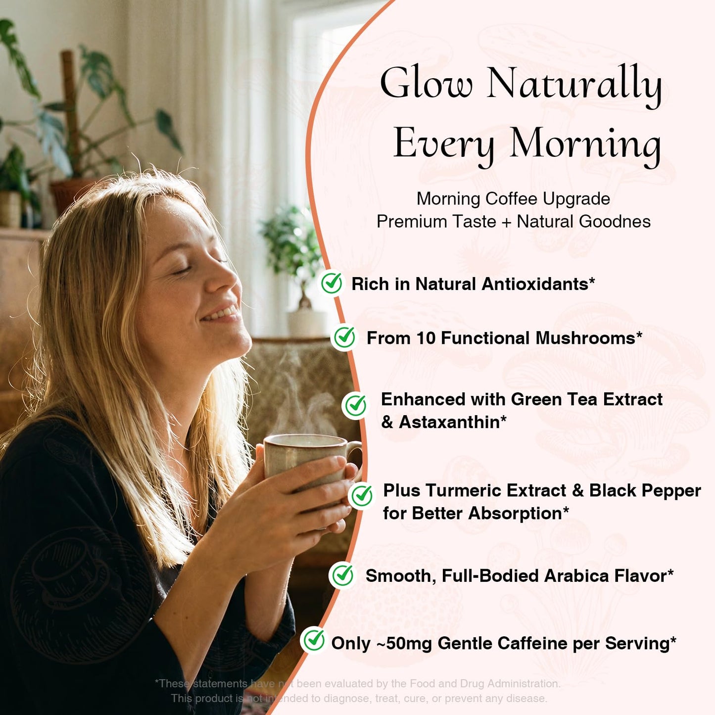 SUNDAFONE Youth Glowing Skin Mushroom Coffee | For Hydrated Youthful Skin & Antioxidant Support |10 Mushrooms + Turmeric, Green Tea Extract, Astaxanthin & Black Pepper; Instant Organic Mushroom Coffee