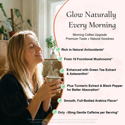 SUNDAFONE Youth Glowing Skin Mushroom Coffee | For Hydrated Youthful Skin & Antioxidant Support |10 Mushrooms + Turmeric, Green Tea Extract, Astaxanthin & Black Pepper; Instant Organic Mushroom Coffee
