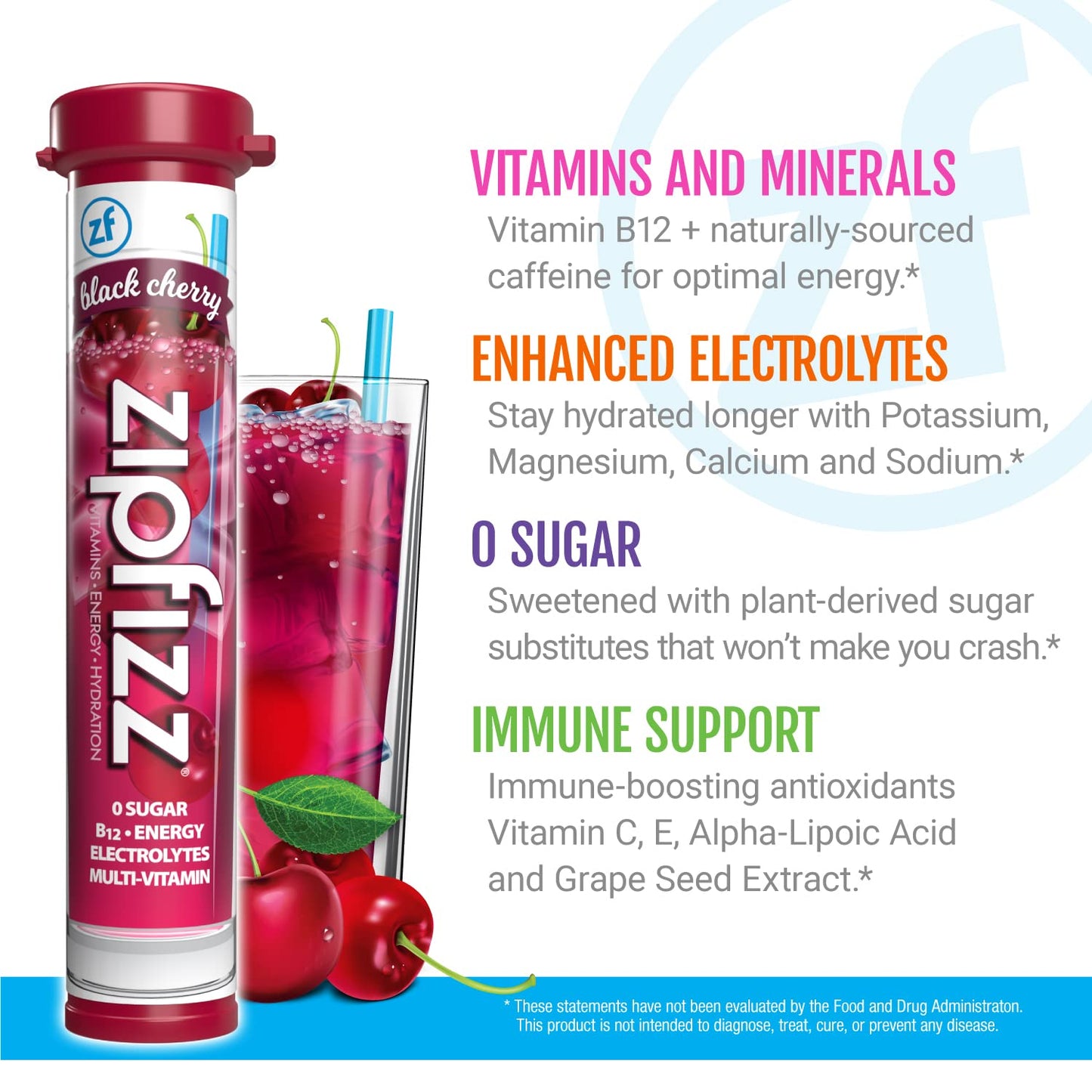 Zipfizz Energy Drink Mix, Electrolyte Hydration Powder with B12 and Multi Vitamin, Black Cherry, 20 Count (Pack of 2)