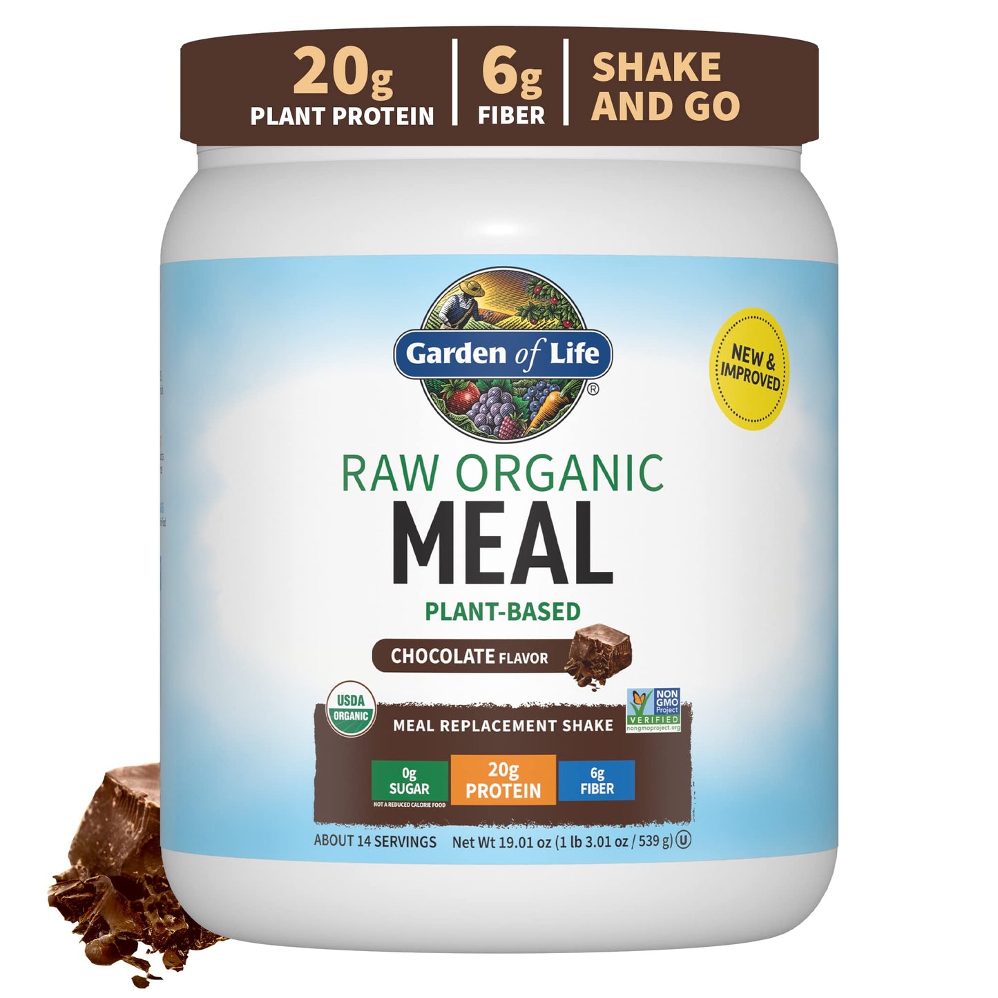 Garden of Life Vegan Protein Powder Raw Organic Meal Replacement Shakes Chocolate with Vanilla Chai Powder, 14 Servings Each