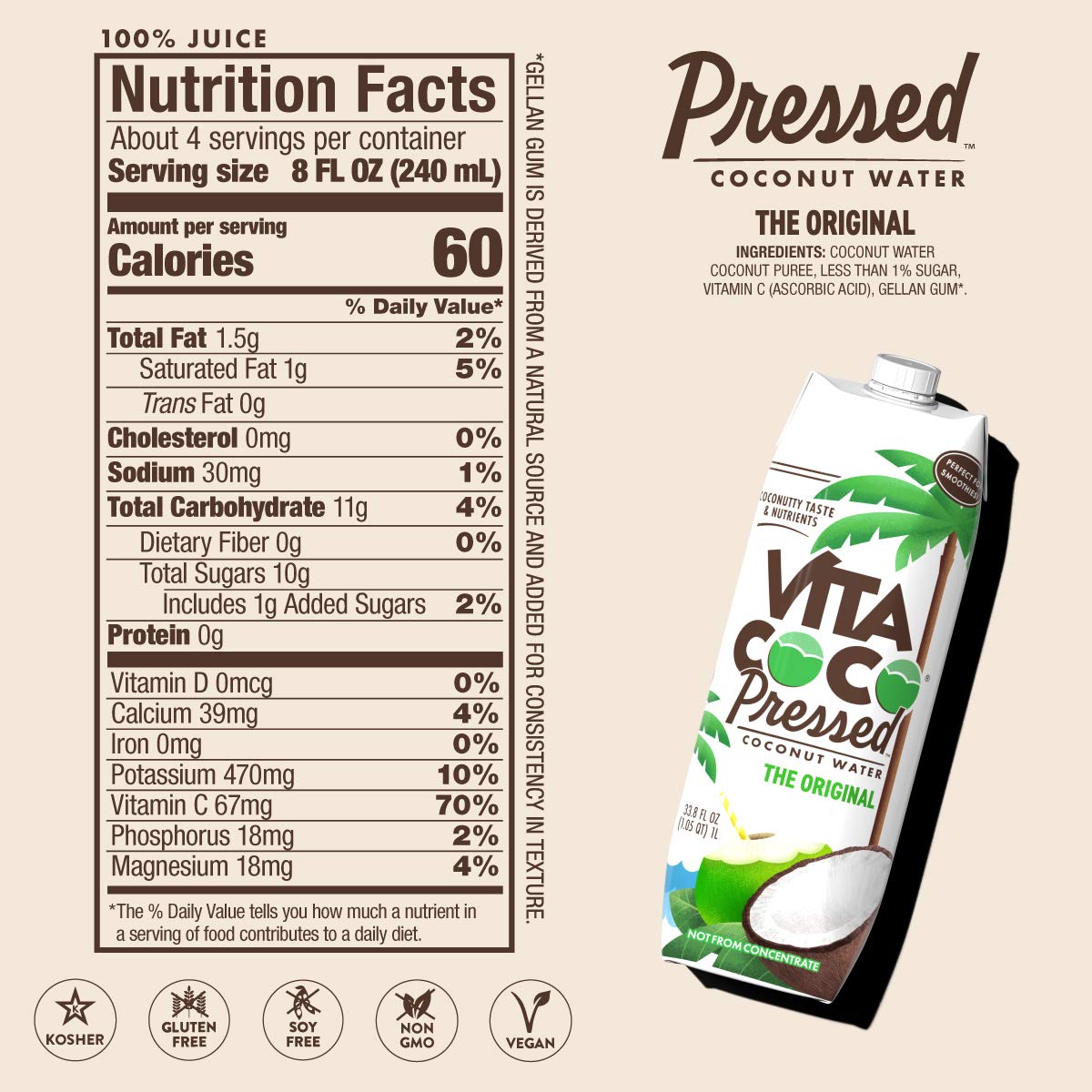 Vita Coco Coconut Water, 33.8 Fl Oz | Pressed | Pack of 5