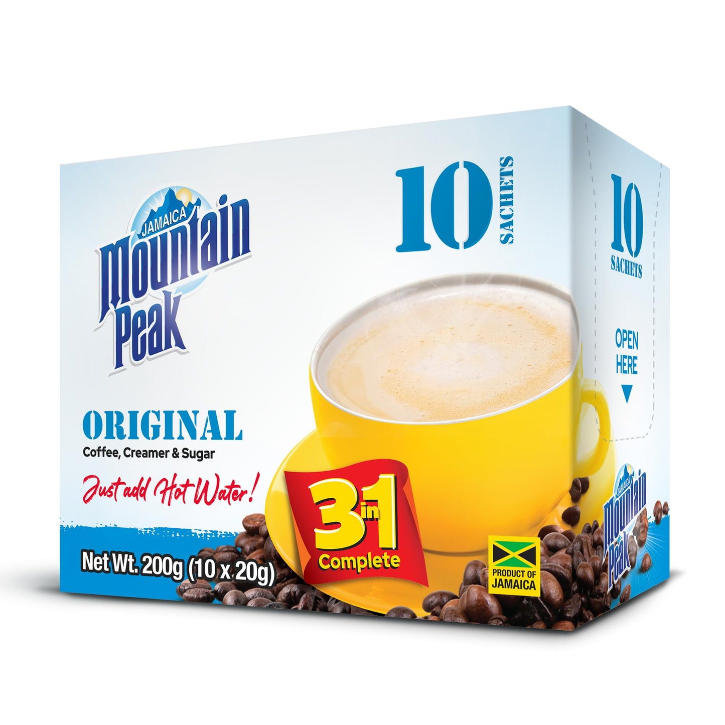 Jamaica Mountain Peak Original 3 in 1 Instant Coffee Mix, Coffee Creamer and Sugar (30 Sachets x 20g), Classic Smooth Flavor, Rich and Creamy, Just Add Water