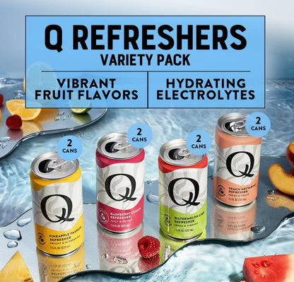 Q MIXERS Refreshers Sparkling Hydration Beverage Variety Pack (8PK) – 2 of Each Flavor: Pineapple Passion, Watermelon Lime, Raspberry Lemon & Peach Nectarine – Electrolytes + Vitamins, Mocktail & Cocktail Mixer - 7.5oz per Can