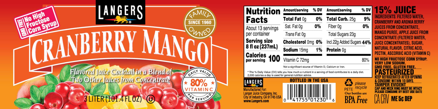 Langers Cranberry Variety Pack, Cocktail, Raspberry, Pineapple, Mango, 101.4 Fl Oz (Pack of 4)