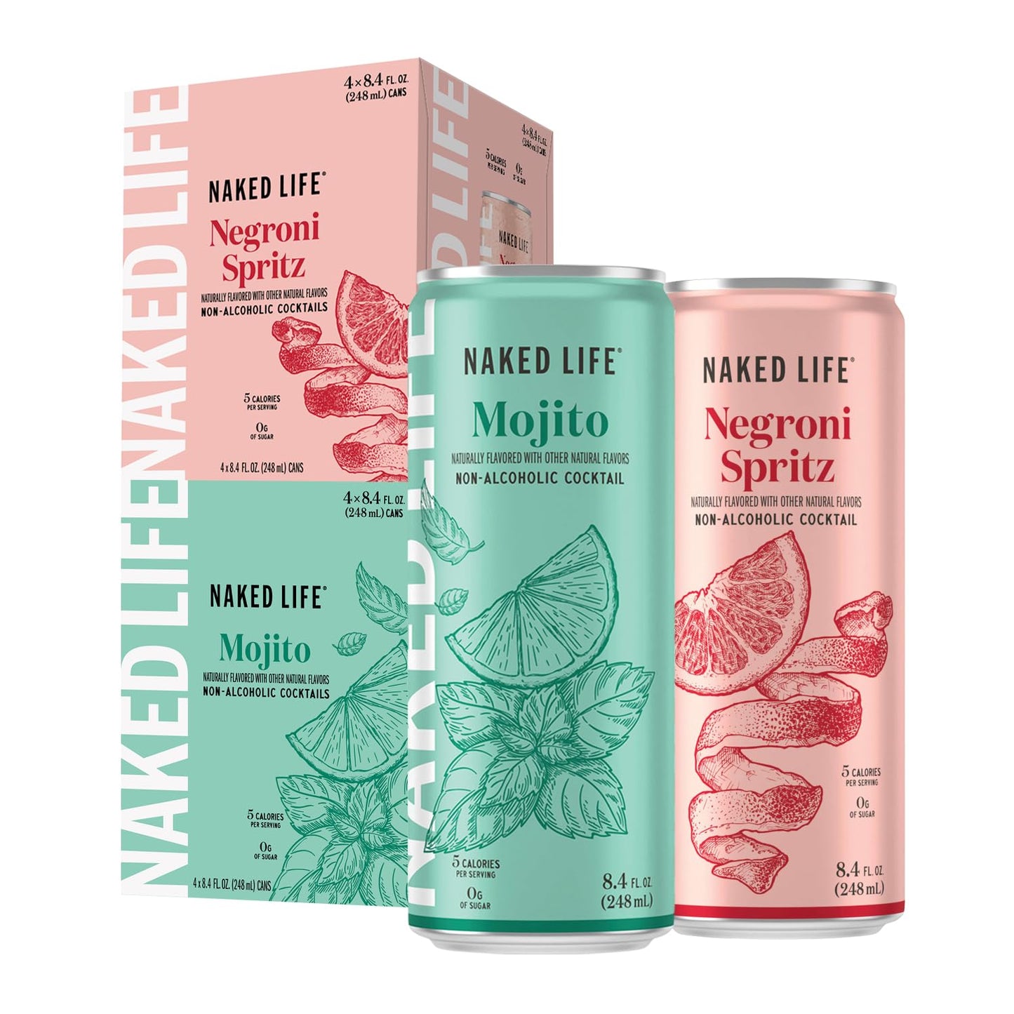 Naked Life Non-Alcoholic Drinks, Mojito 8.4 Fl Oz Cans, Pack Of 4 + Negroni Spritz 8.4 Fl Oz Cans, Pack Of 4