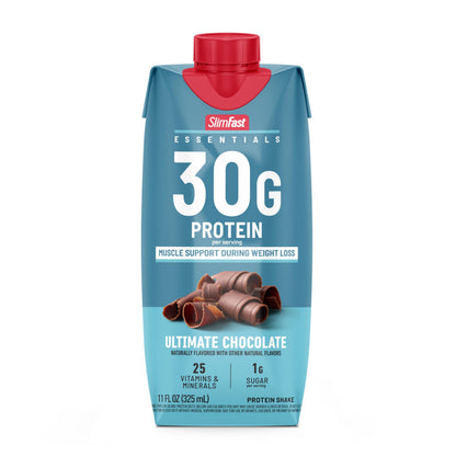 SlimFast Essentials 30g Protein Shake Chocolate, Protein Shakes Ready to Drink, Muscle Support, 1g Sugar, 25 Vitamins and Minerals, 3g Net Carbs, Ultimate Chocolate, 12 Count
