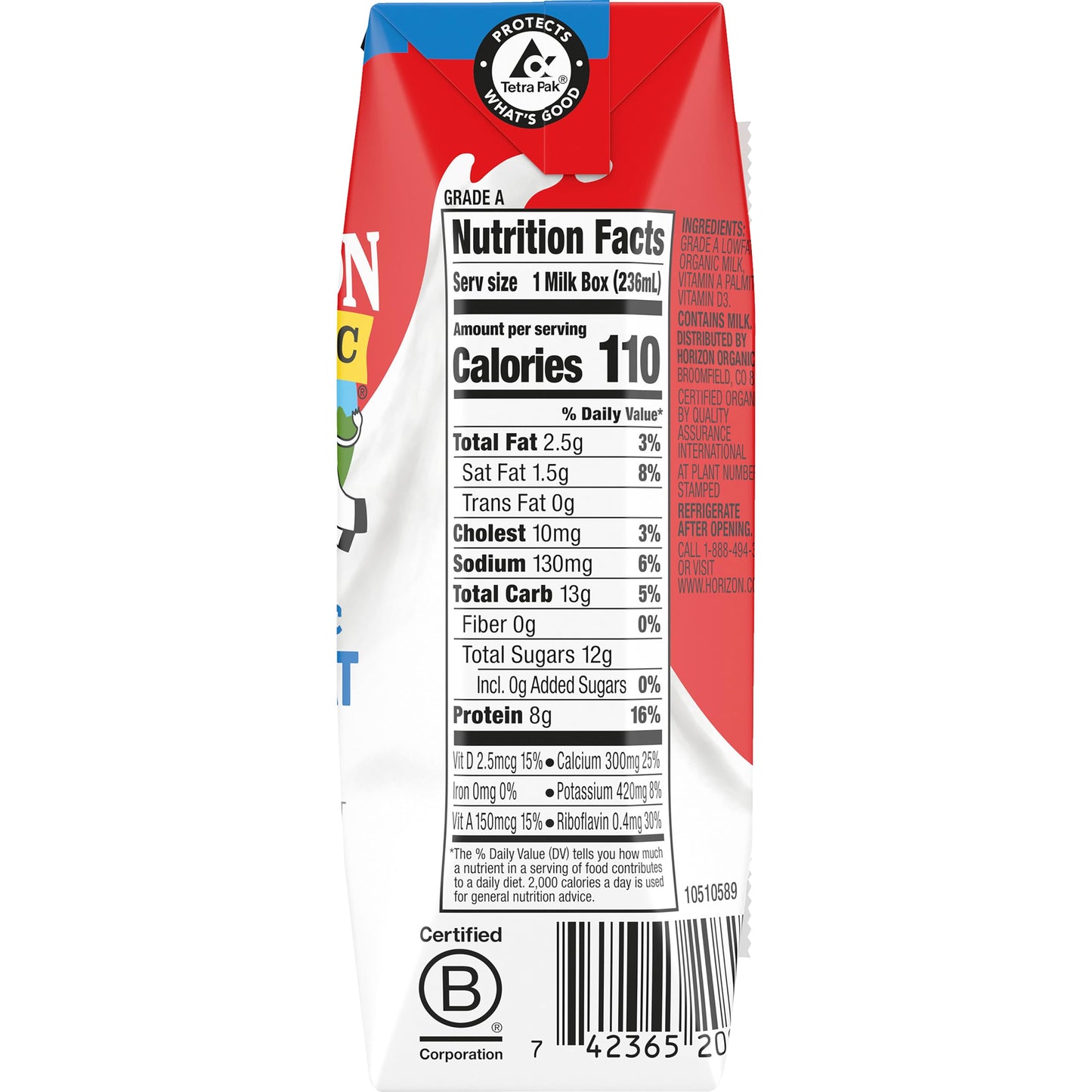 Horizon Organic Shelf Stable 1% Lowfat Milk Box, 8 fl oz - 8g Protein per Serving