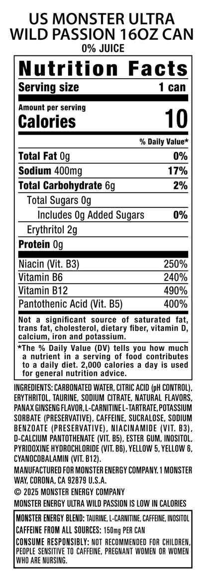 Monster Energy Ultra Wild Passion, Sugar Free Energy Drink, 16 Ounce (Pack of 15)