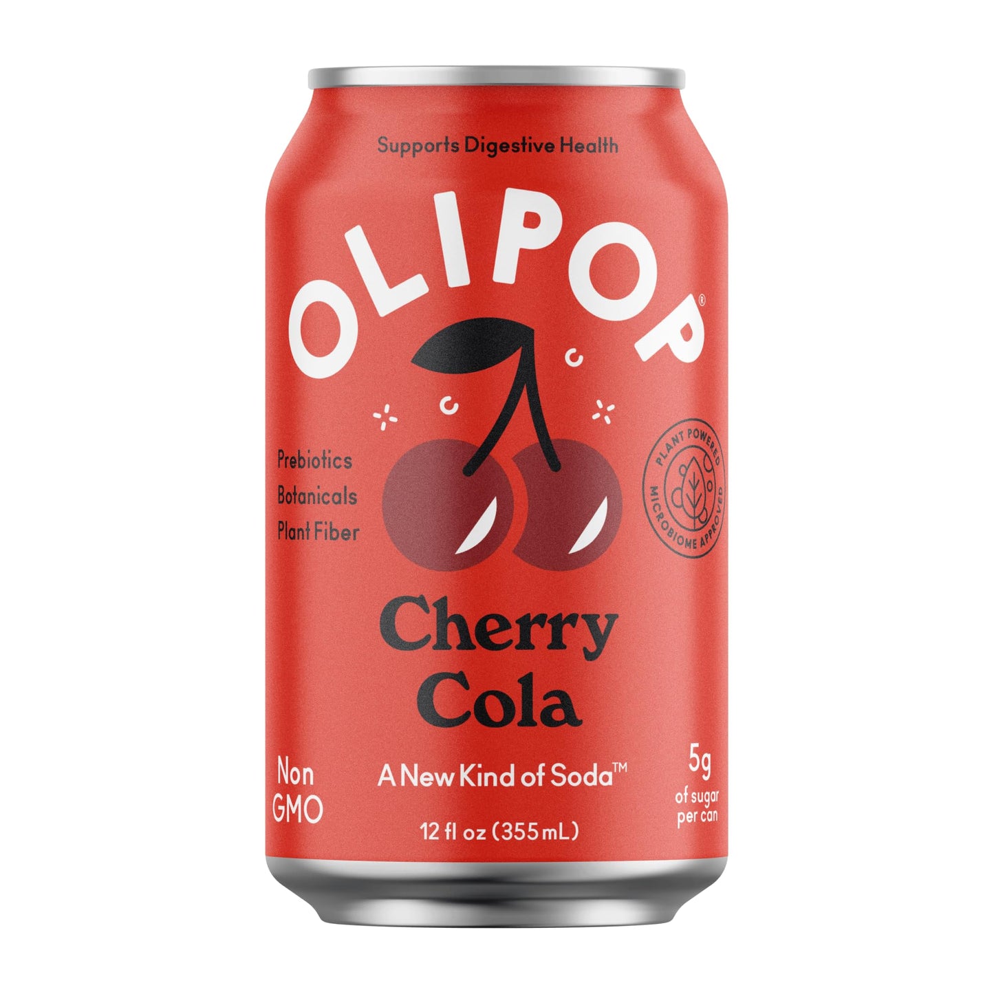 OLIPOP Prebiotic Soda Pop, Cherry Cola, Prebiotics, Botanicals, Plant Fiber, 12 fl oz (4 Cans)