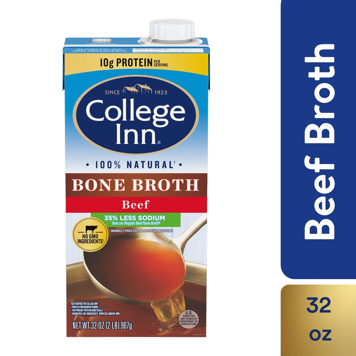COLLEGE INN Reduced Sodium Beef Bone Broth, 12 Pack, 32 oz Carton,Clear
