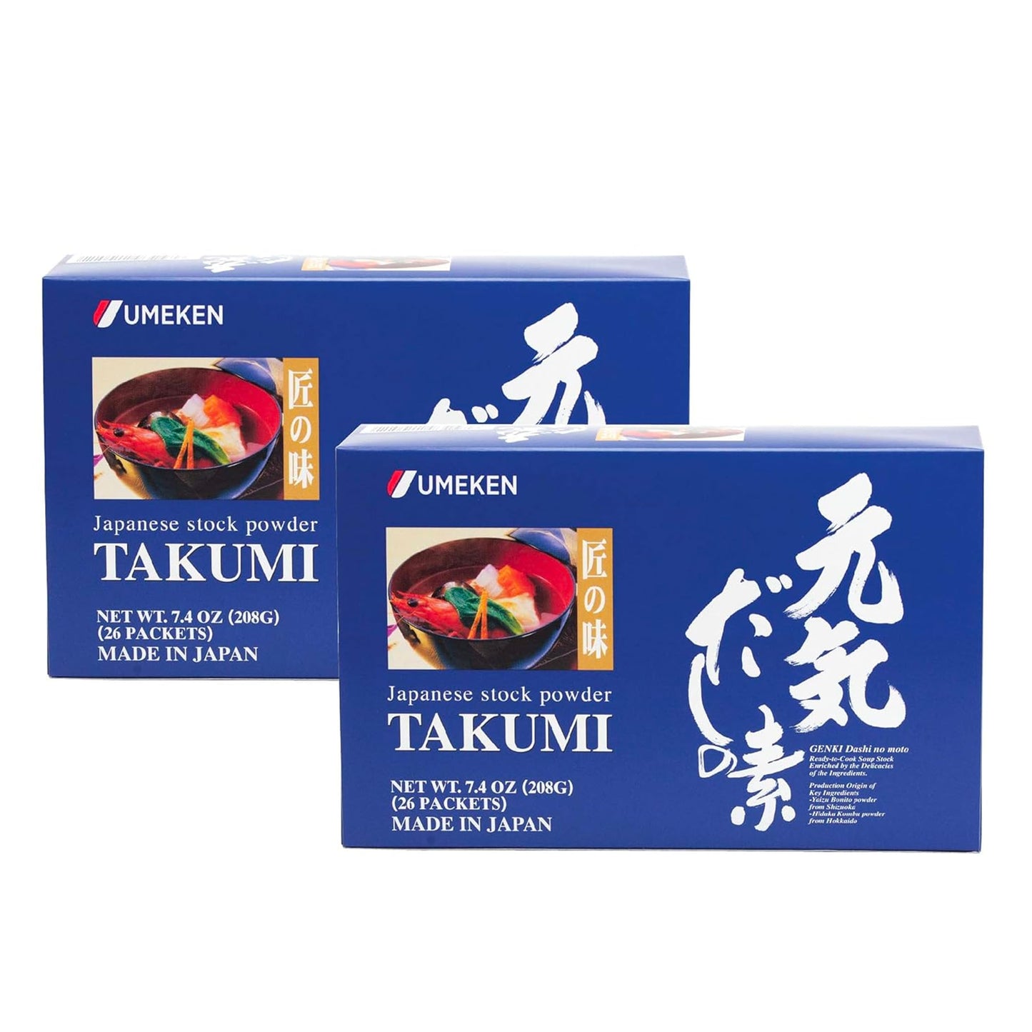 Umeken Takumi Stock Powder, Dashi Japanese Packets for Flavoring your Meals, Umami, Japanese Bonito & Dashi Seasoning Powder with 4 Portions per Packet, No MSG Added, 26 Packets, 7.4 oz Box, Pack of 2