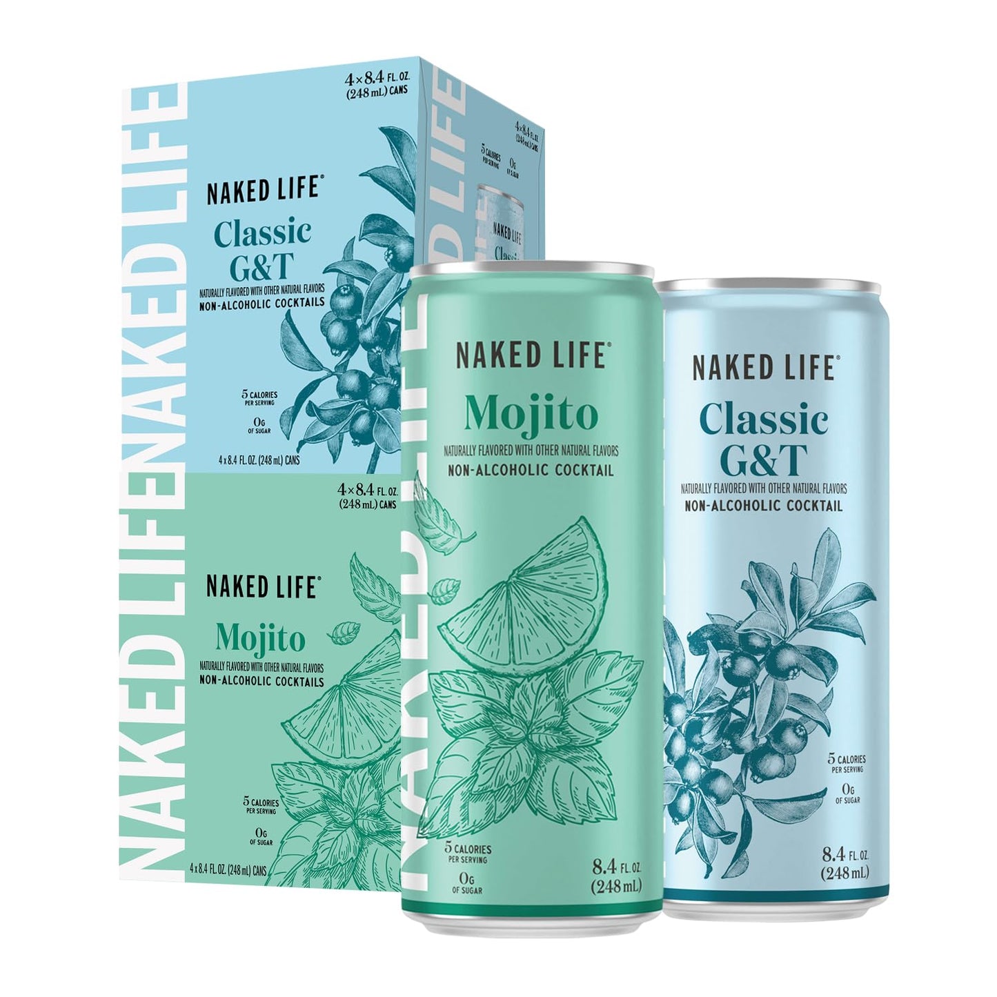 Naked Life Non-Alcoholic Drinks, Mojito 8.4 Fl Oz Cans, Pack Of 4 + Classic G&T 8.4 Fl Oz Cans, Pack Of 4