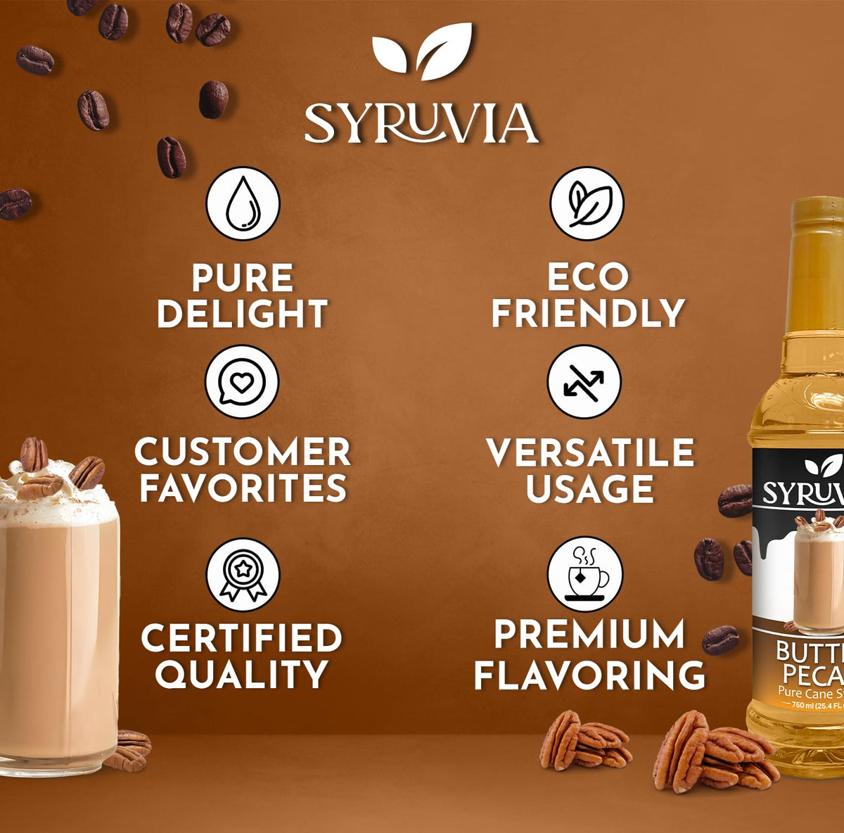 Syruvia Coffee Syrup, Butter Pecan Flavored Syrup for Drinks, Lattes, and Desserts – 25.4 fl oz