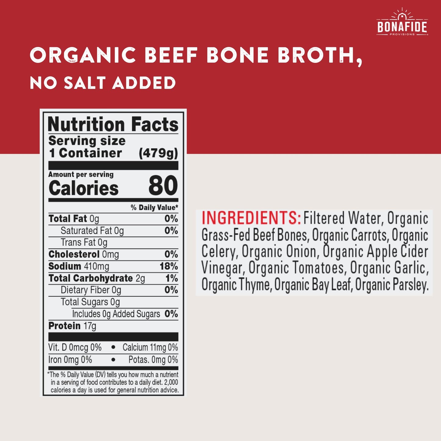 Bonafide Provisions Fresh Organic Beef Bone Broth - No Salt Added, 16.9oz - 6 Pack