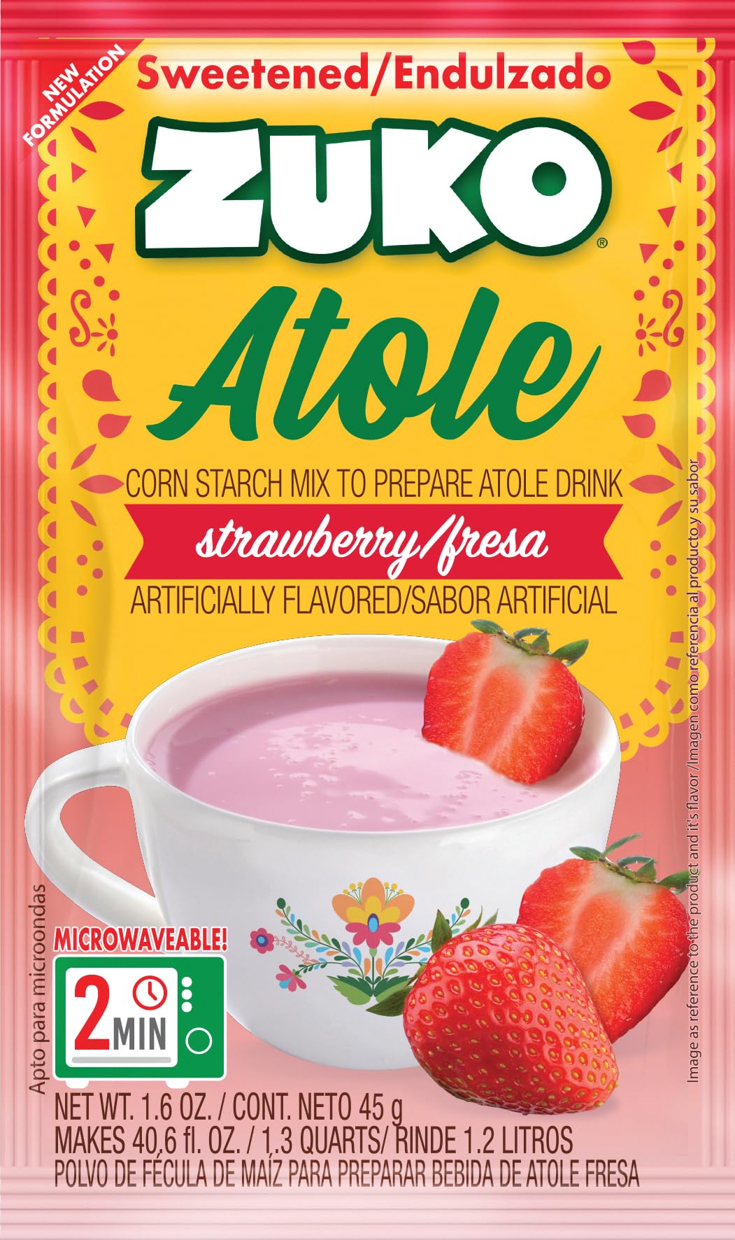 Zuko Atole Strawberry Instant Corn Starch Mix | Fortified with Vitamins | Just Add Hot Water | Microwaveable In Only 2 Minutes | 1.6 Ounce (Pack of 24)
