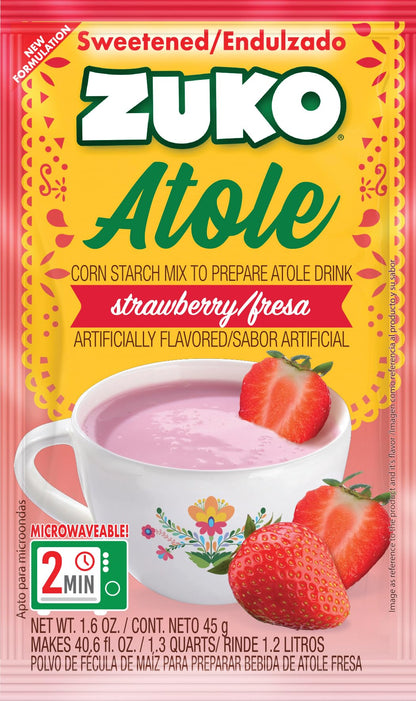 Zuko Atole Strawberry Instant Corn Starch Mix | Fortified with Vitamins | Just Add Hot Water | Microwaveable In Only 2 Minutes | 1.6 Ounce (Pack of 24)
