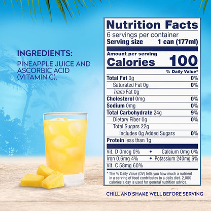 Dole 100% Pineapple Juice, No Added Sugar, Excellent Source of Vitamin C, 100% Fruit Juice, 6 Fl Oz (Pack of 6), Packaging May Vary