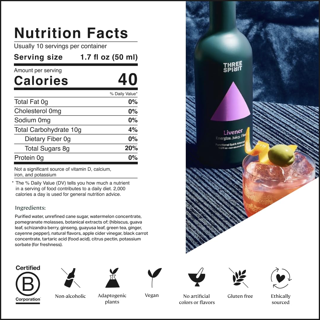 Three Spirit Non-Alcoholic Alternative Spirit- The Livener, 50cl | Energizing with Natural Caffeine, ADAPTOGENS & Watermelon & Ginger | Multi-Award Winning Active botanical, Gluten Free & Vegan Drinks