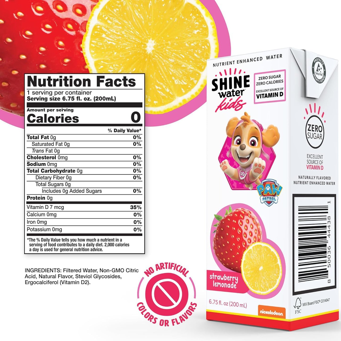 Shine Water x Paw Patrol Strawberry Lemonade Kids Juice Boxes with Vitamin D 32-Pack | No Added Sugar | Naturally Flavored Drinks for Kids | Vegan, Gluten Free, Zero Calorie Hydration