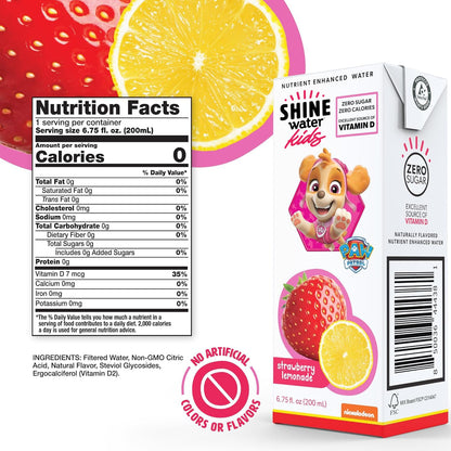 Shine Water x Paw Patrol Strawberry Lemonade Kids Juice Boxes with Vitamin D 32-Pack | No Added Sugar | Naturally Flavored Drinks for Kids | Vegan, Gluten Free, Zero Calorie Hydration