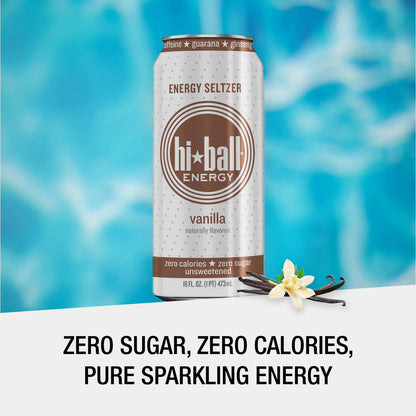 Hiball Clean Energy Drink - Vanilla - Zero Sugar, Zero Calorie Sparkling Water with 160mg Organic Caffeine, 50mg Organic Ginseng, 50mg Organic Guarana and B Vitamins - 16 fl oz (8-Pack)