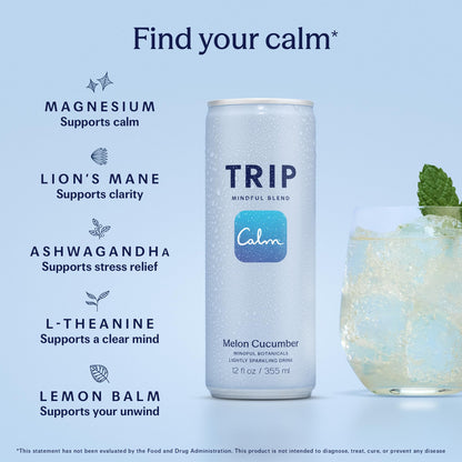 TRIP Lightly Sparkling Adaptogen Drink, Non Alcoholic Drink with Magnesium, Ashwagandha, Lions Mane & L Theanine, No Added Sugar Mocktail, Vegan, Melon Cucumber, 12 Oz, 12Pk