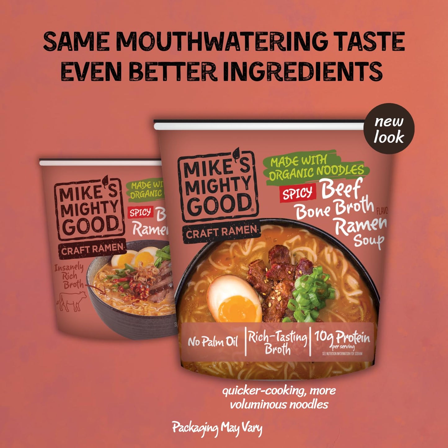Mike’s Mighty Good Spicy Beef Bone Broth Ramen Cup (Pack of 6) – 10g Protein Instant Ramen Noodles – Organic Steamed, Non-GMO, Palm Oil-Free – Rich Tasting, No Artificial Flavors