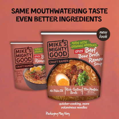 Mike’s Mighty Good Spicy Beef Bone Broth Ramen Cup (Pack of 6) – 10g Protein Instant Ramen Noodles – Organic Steamed, Non-GMO, Palm Oil-Free – Rich Tasting, No Artificial Flavors