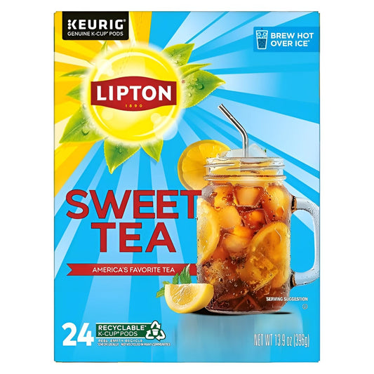Lipton Southern Sweet Black Tea K-Cup Pods 24-Count Rainforest Alliance Certified Iced Tea for Keurig Coffee Makers with Real Tea Leaves and Natural Sweetness Brew Hot over Ice