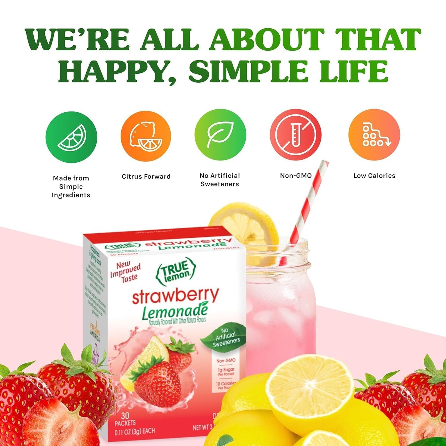 True Lemon Strawberry Lemonade 30ct (Pack of 1) - Drink Mix - No Artificial Sweeteners, Low Calorie - Powdered Drink Mixes & Flavors - Water Flavor Packets & Water Enhancer with Stevia