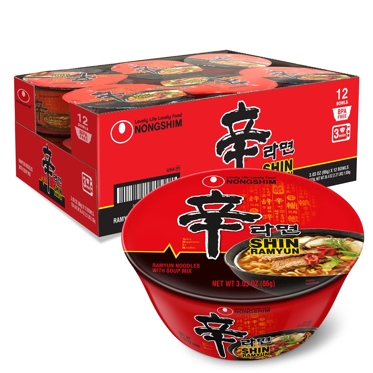 Nongshim Shin Ramyun Bowl Noodles, Spicy Korean Signature Instant Ramy ...