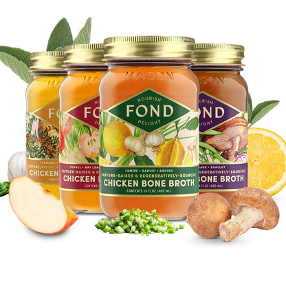 FOND Regenerative Pasture-Raised Chicken Bone Broth – Slow-Simmered Chicken Broth for Rich Flavor, Nutrient-Dense, Artisan Quality – 4 Different Flavors, Variety Pack – 14 oz (4-Pack)