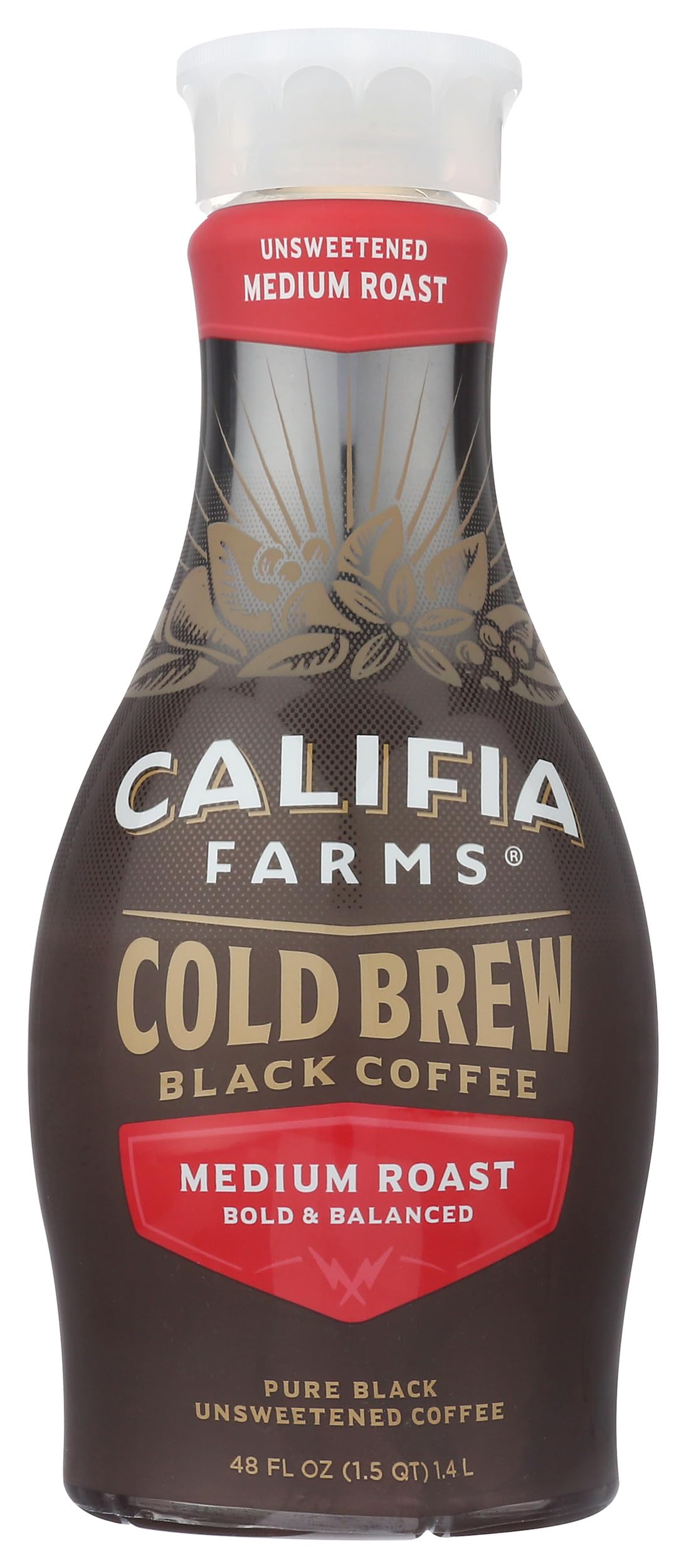 Califia Farms - Pure Black Medium Roast Cold Brew Coffee, 48 Oz, 100% Arabica, Plant Based, Vegan, Gluten Free, Non GMO, Sugar Free, Iced Coffee