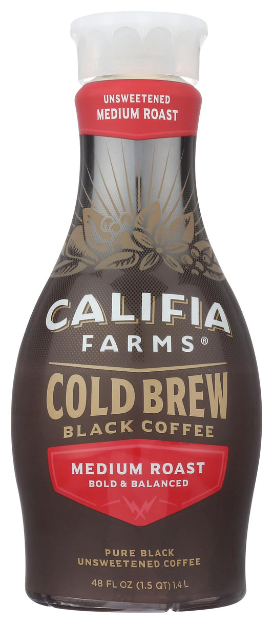 Califia Farms - Pure Black Medium Roast Cold Brew Coffee, 48 Oz, 100% Arabica, Plant Based, Vegan, Gluten Free, Non GMO, Sugar Free, Iced Coffee