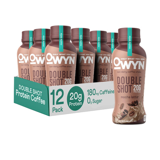 OWYN Only What You Need Double Shot Mocha Latte Flavored Protein Shake, 20g Protein, 0g Sugar, 3g Fiber, 180mg Caffeine, Dairy Free, Plant Based Protein Drink, 12 Count