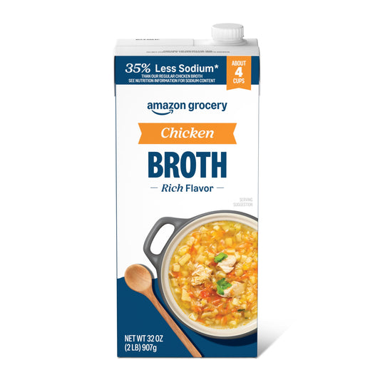 Amazon Grocery, Chicken Broth, 35% Less Sodium, 32 Oz