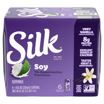 Silk Shelf-Stable Soy Milk Singles, Very Vanilla, Dairy-Free, Vegan, Non-GMO Project Verified, 8 oz., 6 Pack