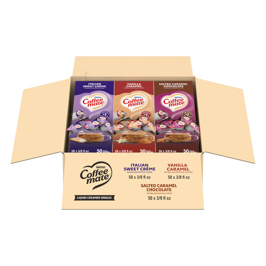 Nestle Coffee mate Creamer Singles Variety Pack, Italian Sweet Creme, Salted Caramel Chocolate, Vanilla Caramel Non Dairy, No Refrigeration, 0.375 fl oz Tubs, 150 Count (Pack of 50 Per Flavor)