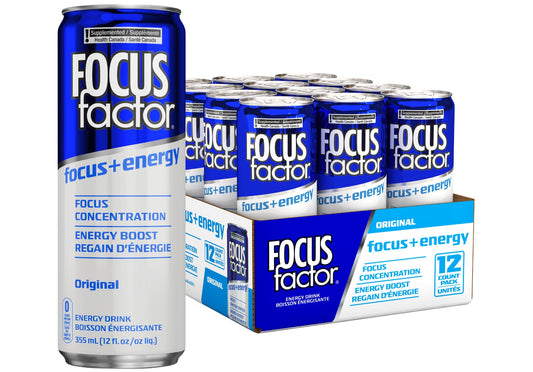 Focus Factor Energy Drink - 12 x 355ml Cans (Original Flavour) - with Focus + Energy - Lightly Carbonated, Sugar Free, Low Calorie with Vitamin B6 & Vitamin B12