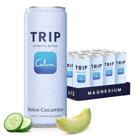 TRIP Lightly Sparkling Adaptogen Drink, Non Alcoholic Drink with Magnesium, Ashwagandha, Lions Mane & L Theanine, No Added Sugar Mocktail, Vegan, Melon Cucumber, 12 Oz, 12Pk