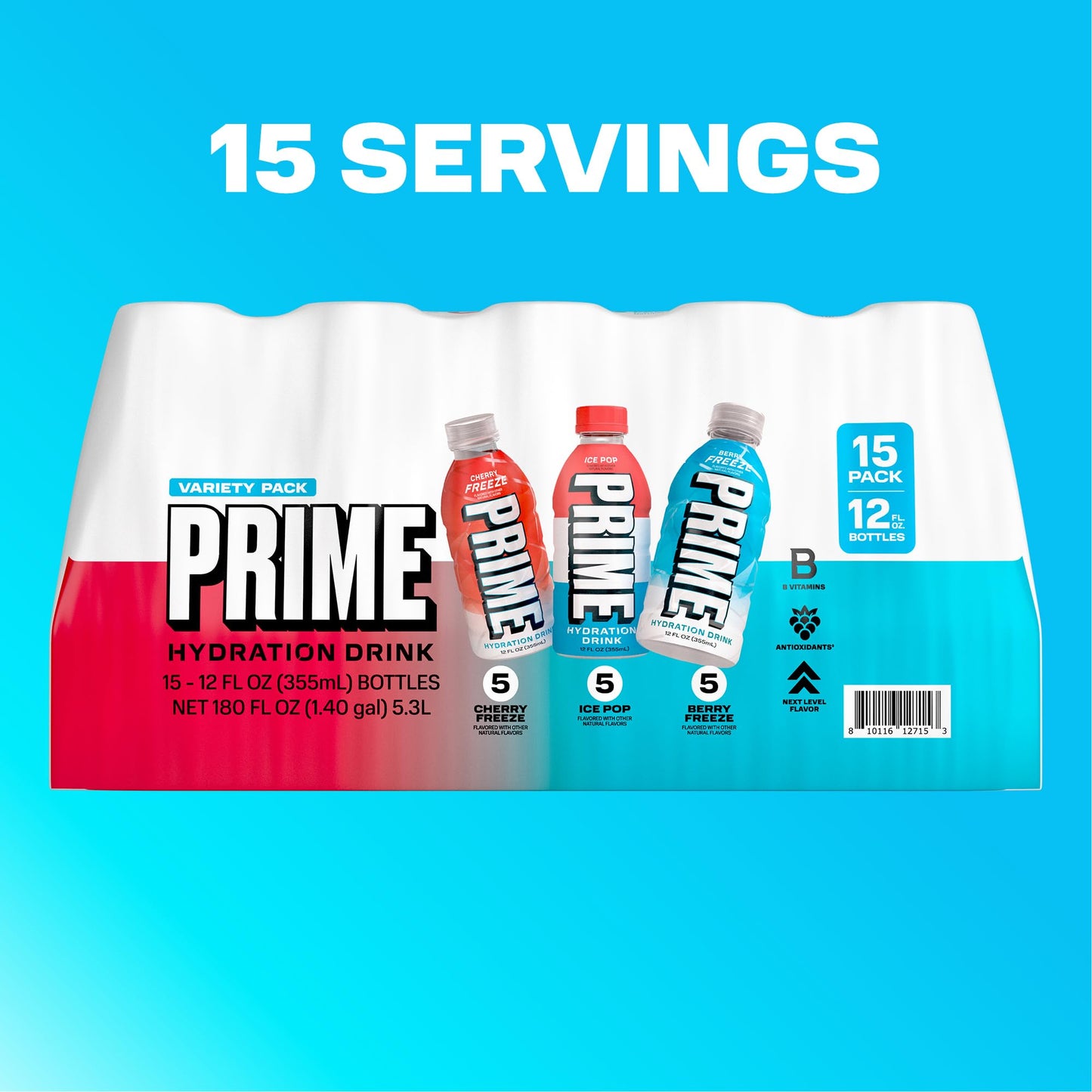 PRIME HYDRATION, Berry Freeze, Cherry Freeze, & Ice Pop Sports Drinks, 12 Fl Oz, 15 Variety Pack & PRIME 32 oz Blue Squeeze Sports Water Bottles 12 Pack Bundle