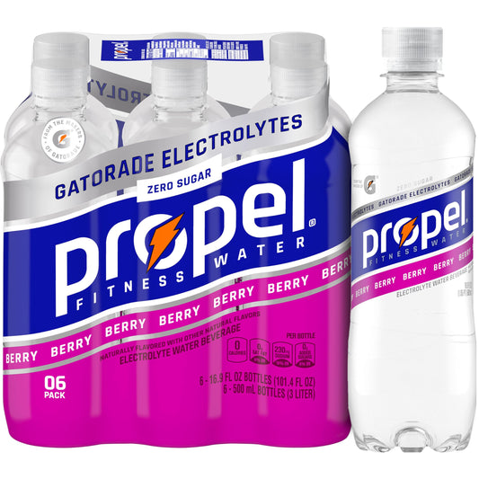 Propel Electrolyte Enhanced Water Sports Drink, Berry Flavored Water, Zero Calorie & Zero Sugar Hydration with Electrolytes and Vitamins C & E, 16.9 fl oz Bottles (6 Pack)