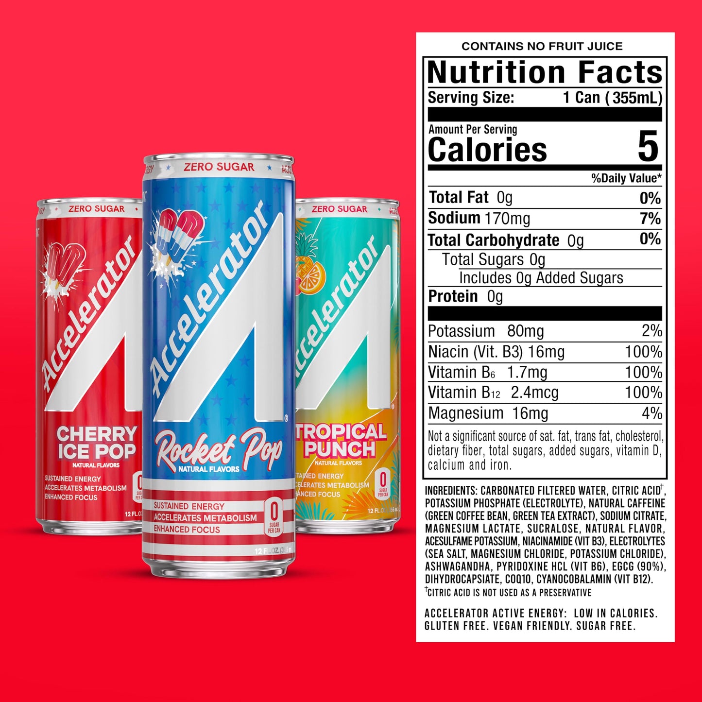 Accelerator Active Energy Drink Sugar Free Zero Carbs – Variety Pack & Cotton Candy, 12oz Can (12 Pack Each) with 200mg Natural Caffeine, Ashwagandha, CoQ10 & Green Tea for Focus & Energy