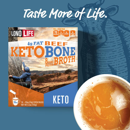 LonoLife Keto Beef Bone Broth Powder Mix | Grass-Fed, 10g Protein | Collagen-Rich, Keto & Paleo Friendly | Natural Ingredients | 10 Portable Stick Pack Servings