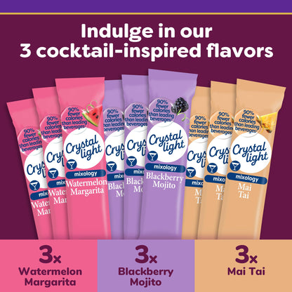 Crystal Light Mixology Drink Mix Variety Pack, 9 Packets, for Convenient On-the-Go Flavorful Hydration, Artificially Flavored Watermelon Margarita, Blackberry Mojito, Mai Tai, Zero Sugar, 1.17 oz
