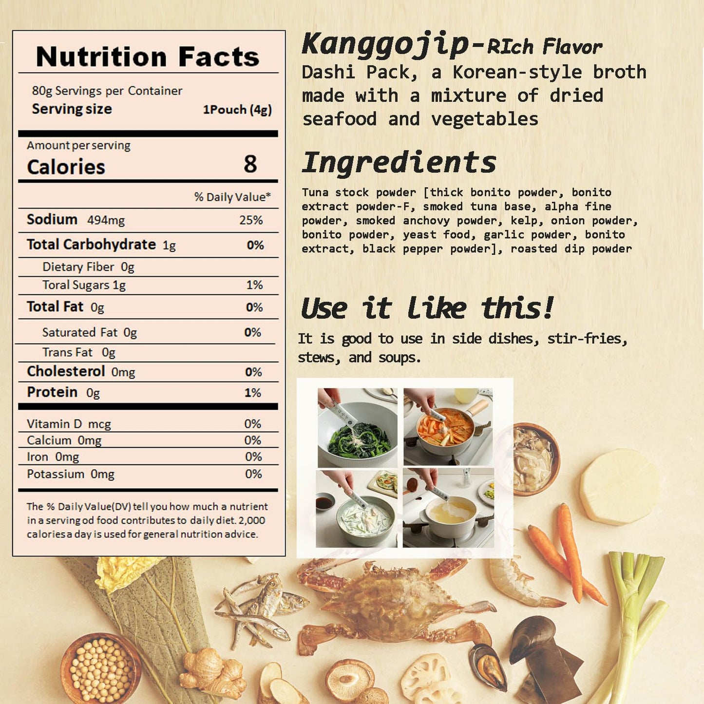 Kanggojip Korean Soup Broth Dried Seafood Mixed with Vegetable Pack, Katsuo powder, Smoked Flavor, Comfortable Easy for Cooking/Premium Ingredients 된장찌개, 잔치국수, 육수_Rich Flavor 2.82oz (4gx20ea)_1pack