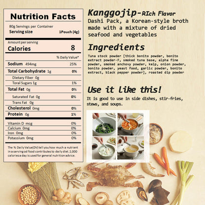Kanggojip Korean Soup Broth Dried Seafood Mixed with Vegetable Pack, Katsuo powder, Smoked Flavor, Comfortable Easy for Cooking/Premium Ingredients 된장찌개, 잔치국수, 육수_Rich Flavor 2.82oz (4gx20ea)_1pack