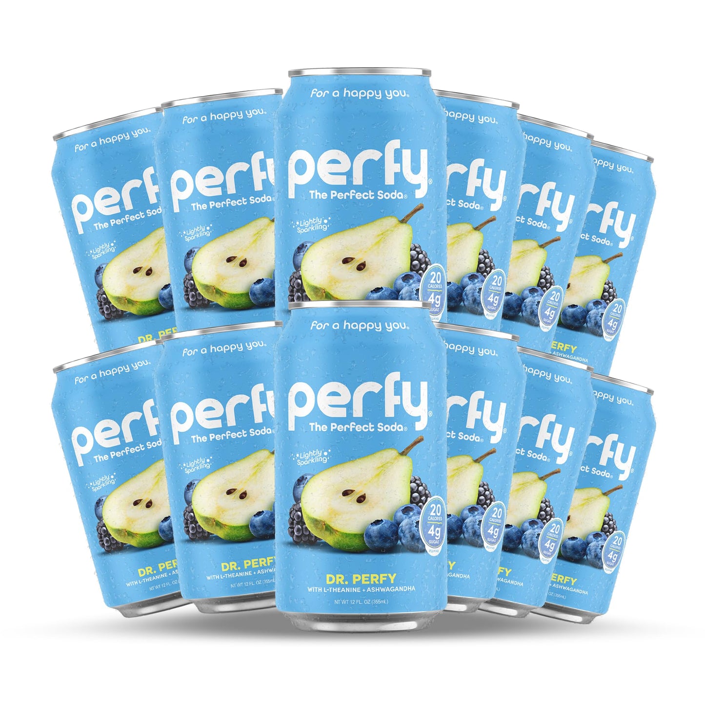 PERFY Caffeine Free Dr. Perfy Soda | Made With Real Fruit Juice - Low Sugar Nootropic Drink with L-Theanine + Ashwagandha | Calming Adaptogen Mocktail | Keto + GLP-1 Friendly | Sweetened with Stevia & Monk Fruit | (12-Pack Healthy Functional Soda...
