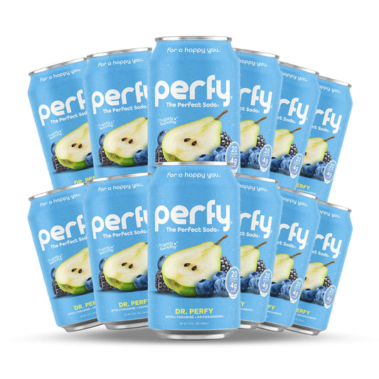 PERFY Caffeine Free Dr. Perfy Soda | Made With Real Fruit Juice - Low Sugar Nootropic Drink with L-Theanine + Ashwagandha | Calming Adaptogen Mocktail | Keto + GLP-1 Friendly | Sweetened with Stevia & Monk Fruit | (12-Pack Healthy Functional Soda...