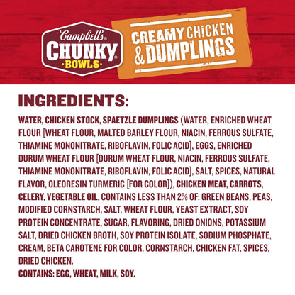 Campbell's Chunky Soup, Creamy Chicken and Dumplings Soup, 15.25 oz Microwavable Bowl (Case of 8)